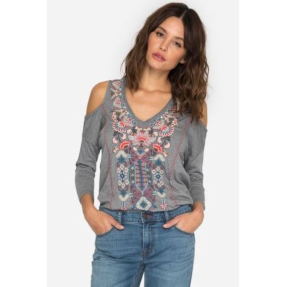 Johnny Was Nindi Coldshoulder Gray Embroidered Top - Picture 2 of 3